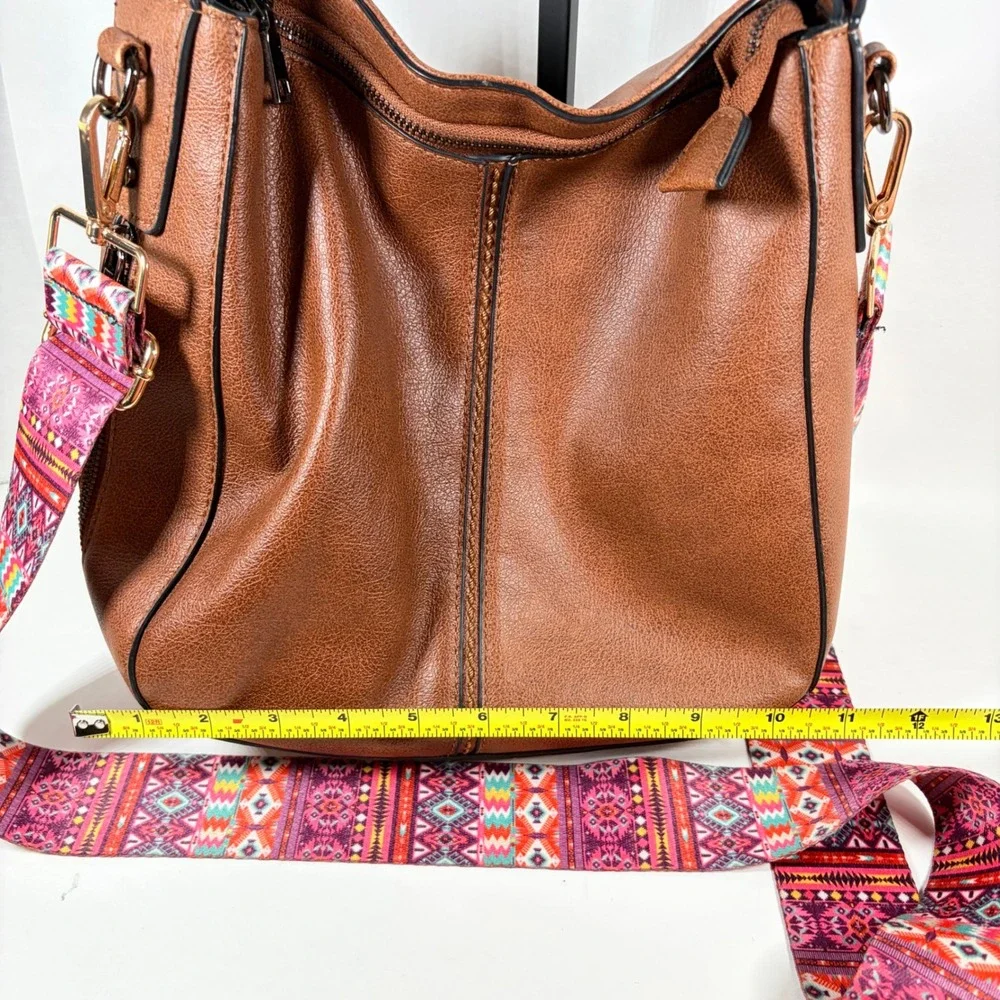 Realer Brown Vegan Leather Hobo Bag Southwestern Guitar Strap Crossbody Boho